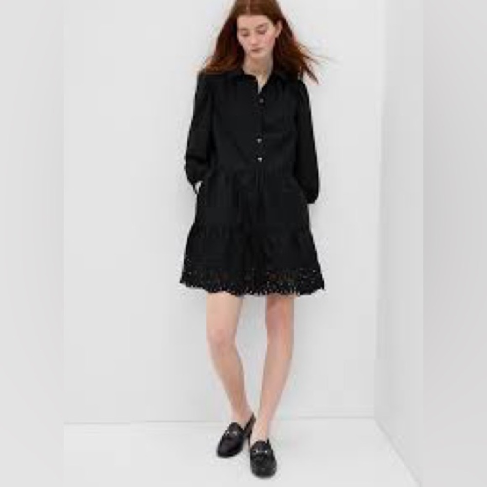 Gap Black Puff Sleeve Tiered Shirt Dress Poplin Eyelet Cotton Size M